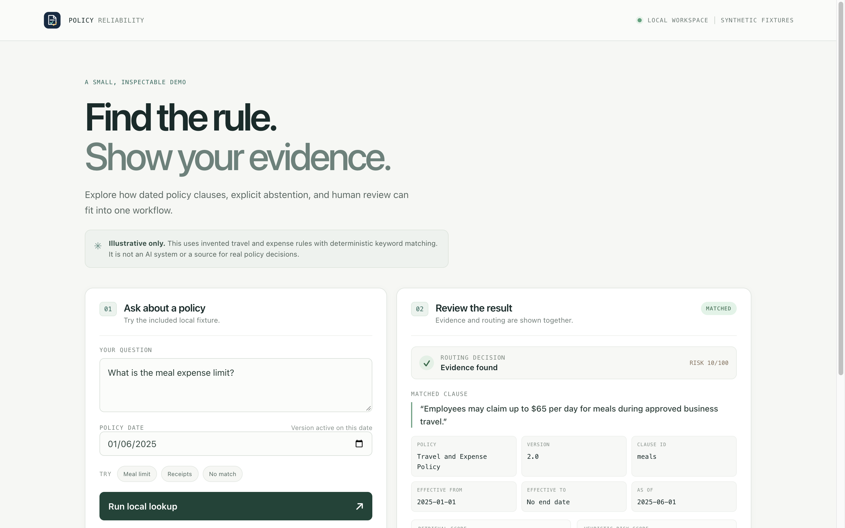 Local prototype showing a matched synthetic meal expense clause with version and evidence details