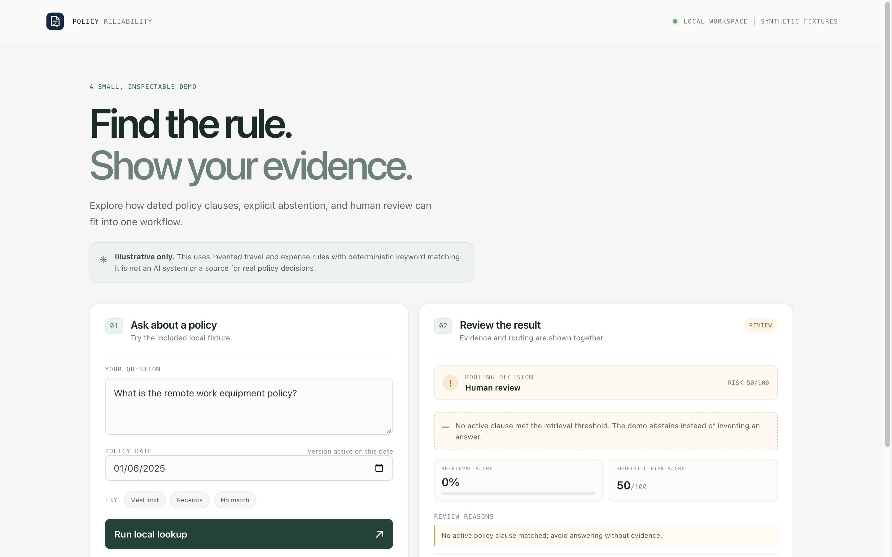 Local prototype showing an unsupported query routed to abstention and human review